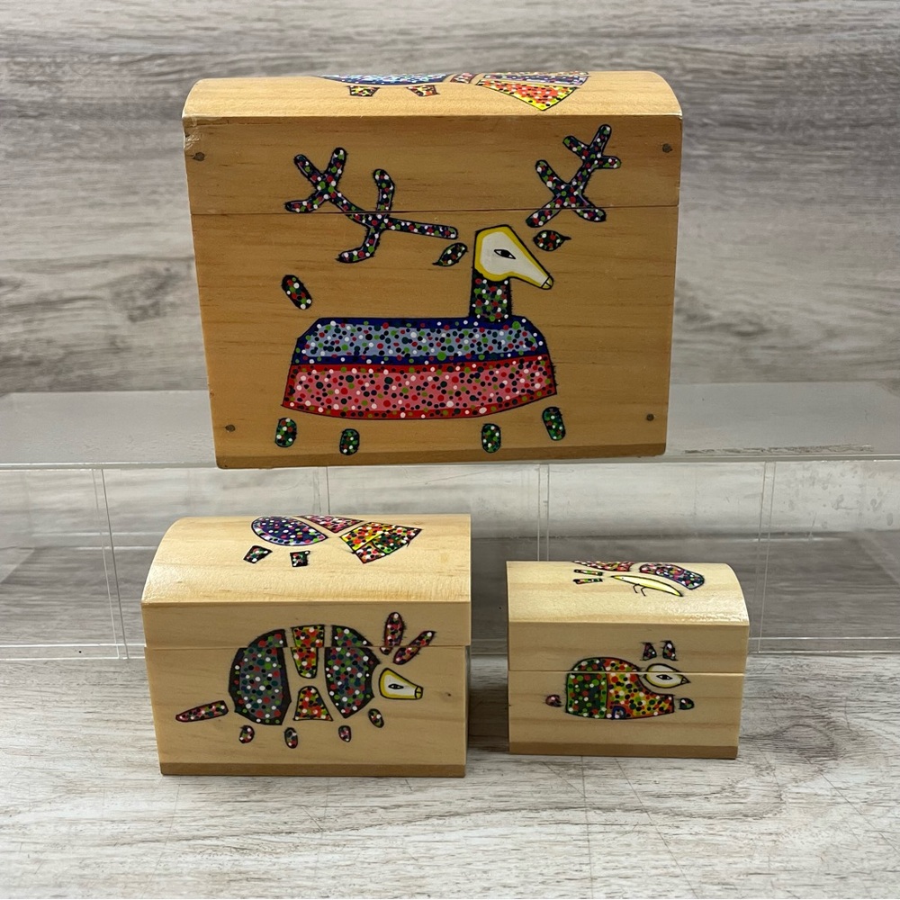 Vintage Folk Art 3 Nesting Wooden Boxes Painted El Salvador